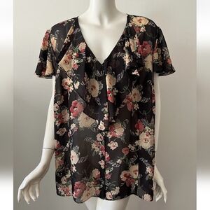 Chaps Black Floral Print Ruffled Neck Cap Sleeves Boho